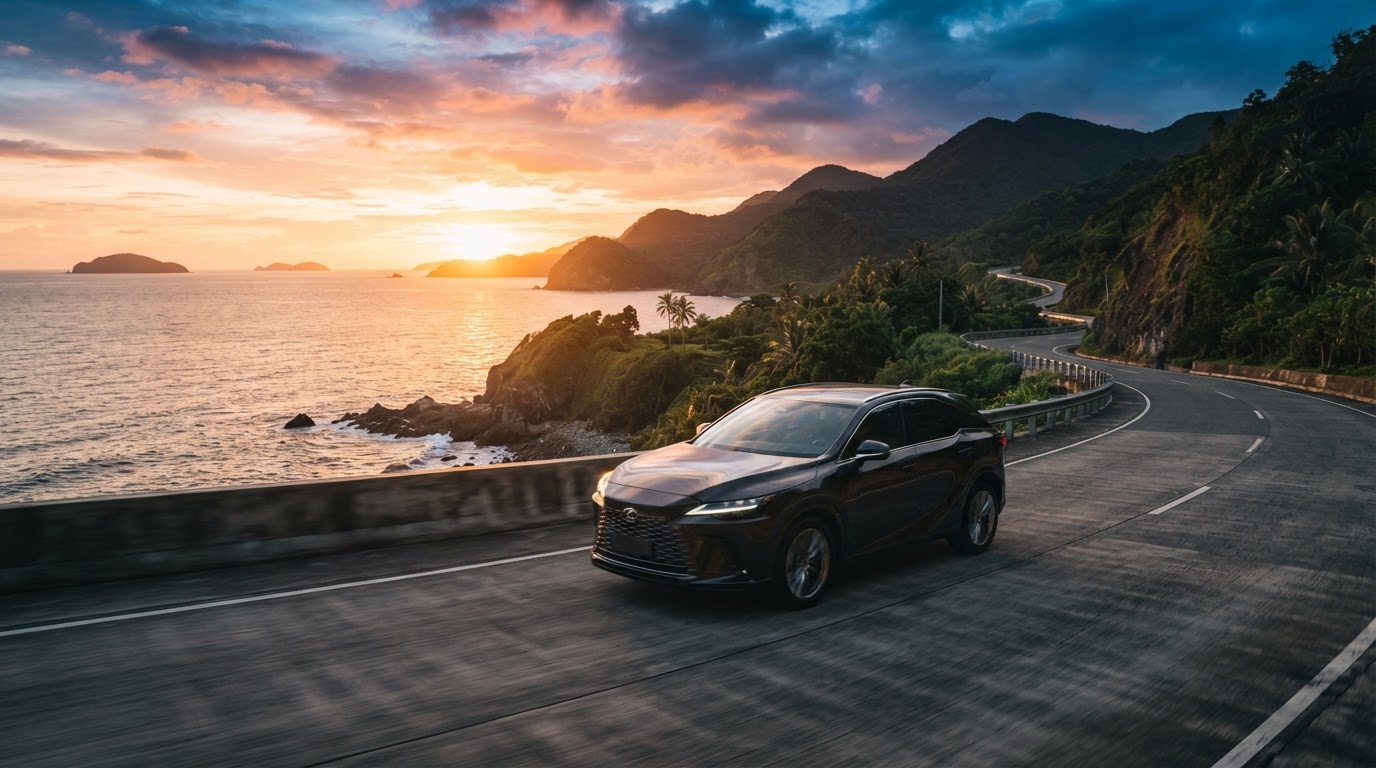JAECOO hybrid SUV driving on a coastal highway at sunset