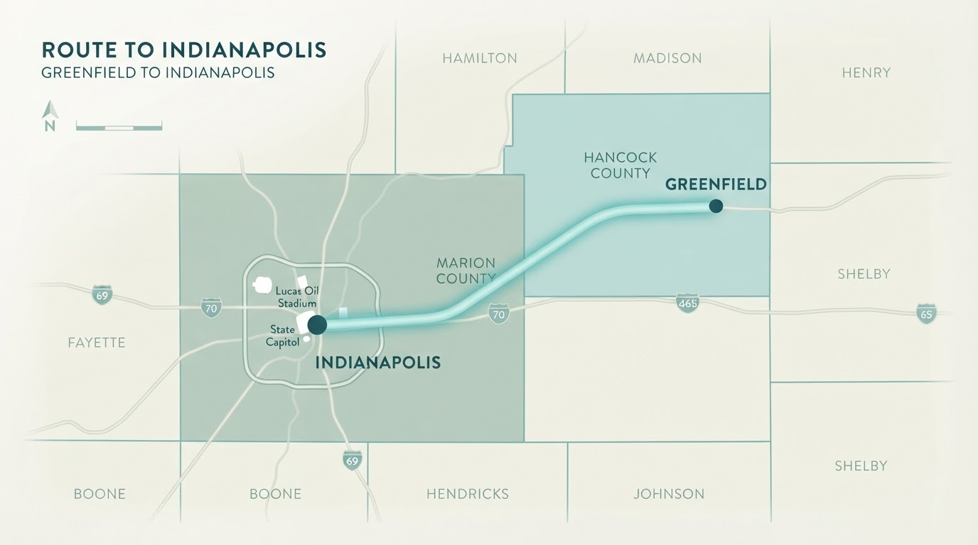 Map showing Greenfield IN location relative to Indianapolis