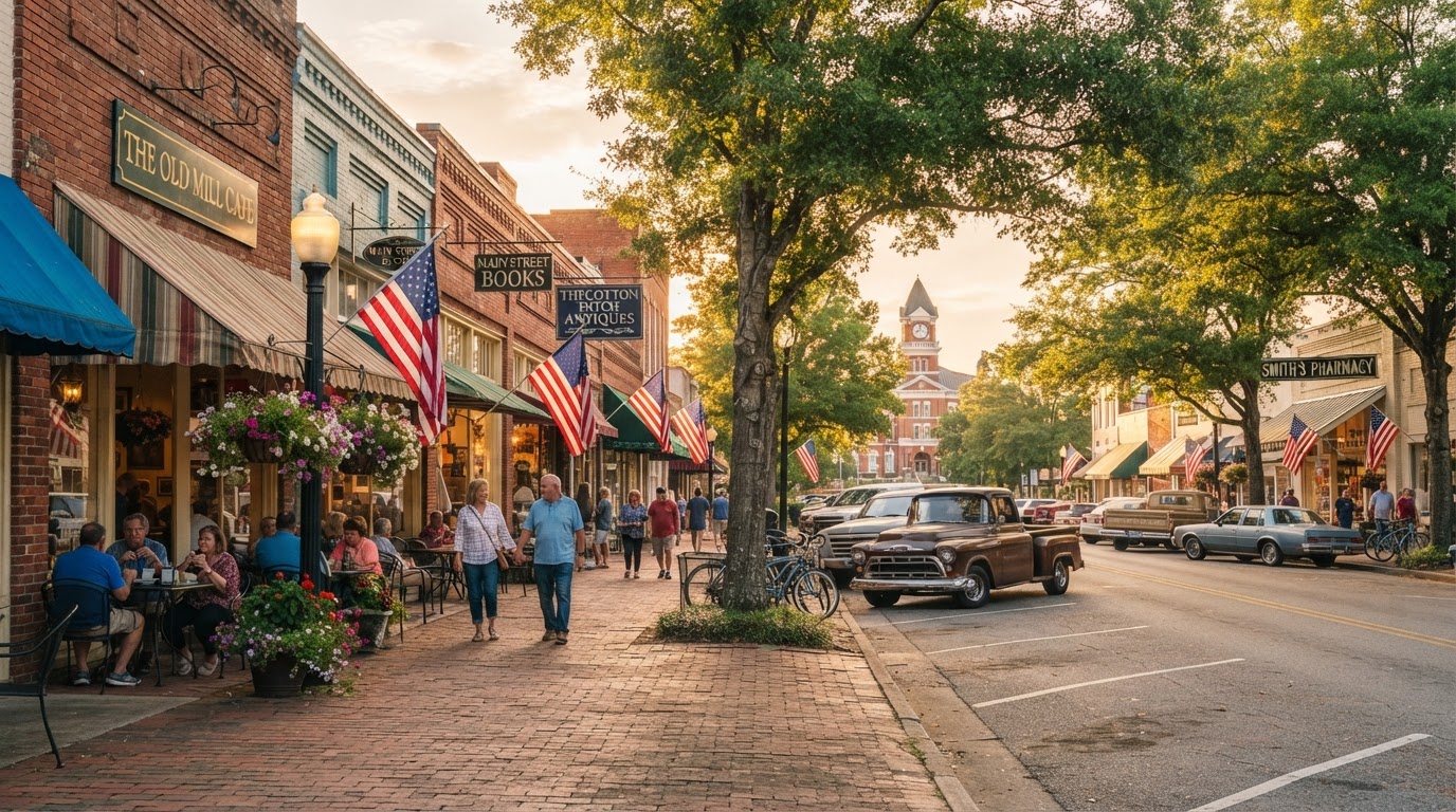 Warm Southern small-town main street in golden sunlight