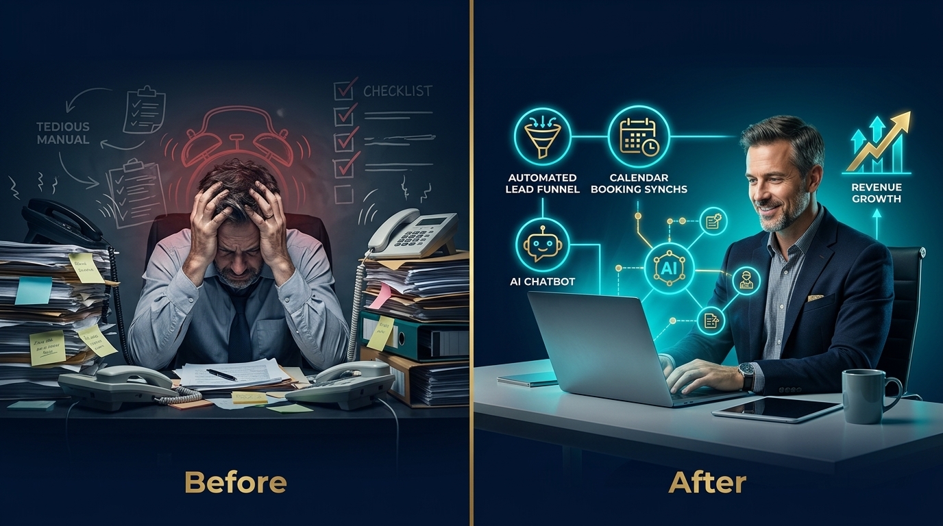 Before and After: Overwhelmed business owner drowning in manual paperwork vs. streamlined executive using AI lead funnels and calendar automations for revenue growth