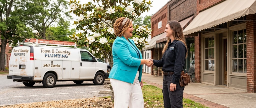 Coach Pope shaking hands with small business owner in front of local business on Main Street