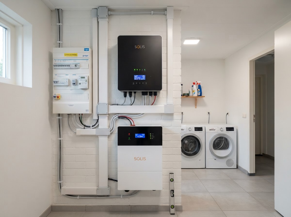 Solis hybride omvormer en thuisbatterij installatie door Batterijvergelijk & Dynolis