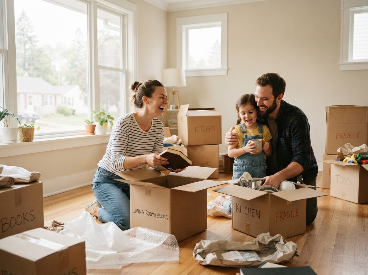 A family settling into their new home