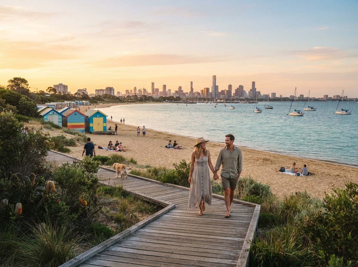 A peaceful Bayside Melbourne beach at golden hour
