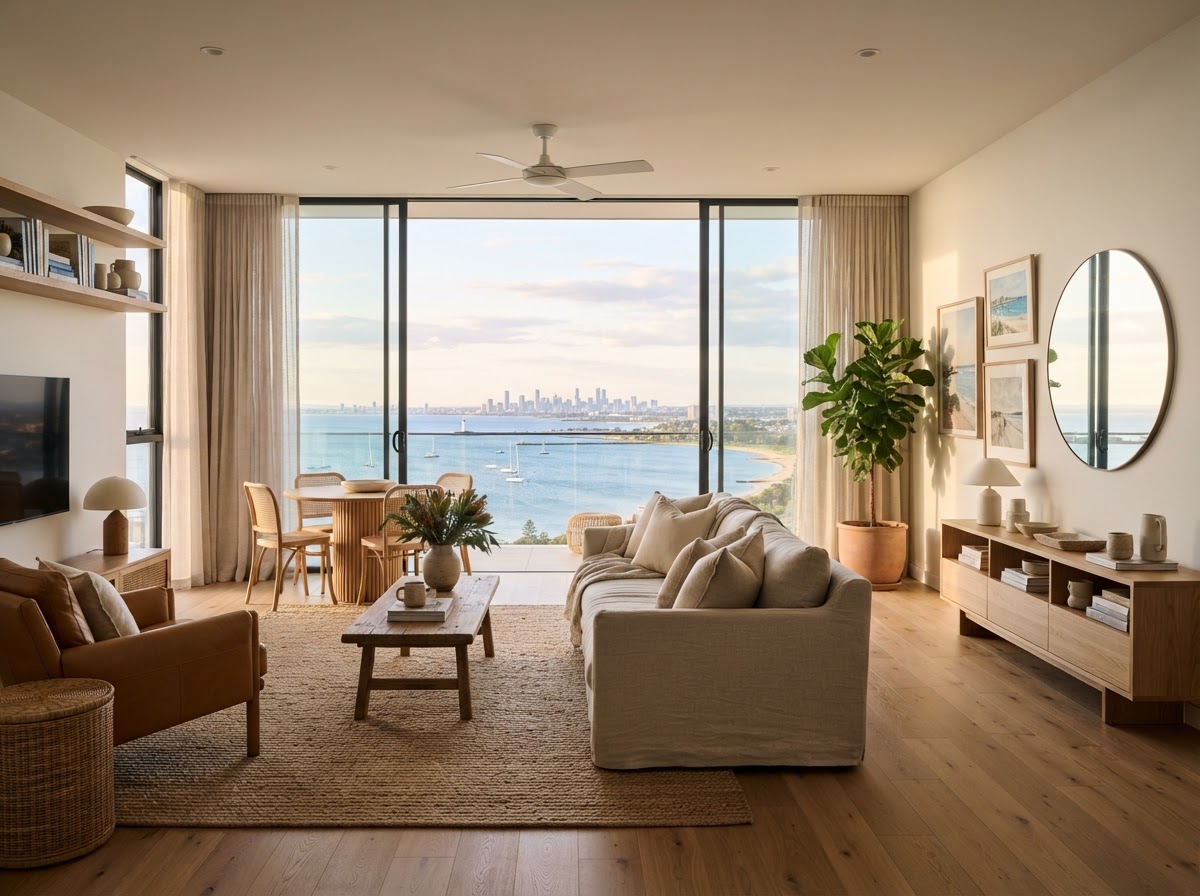 A bright, modern living room with bay views