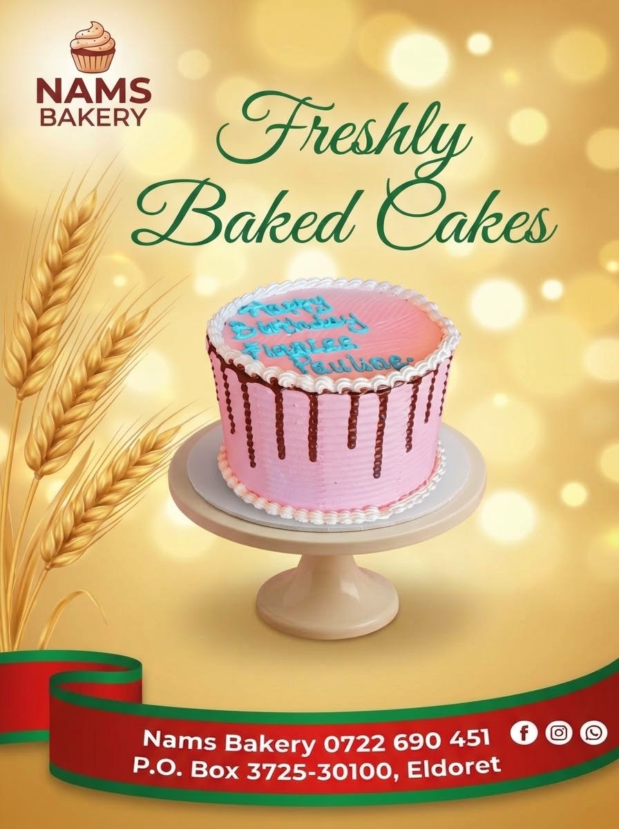 Nams Bakery pink drip celebration birthday cake on a stand.