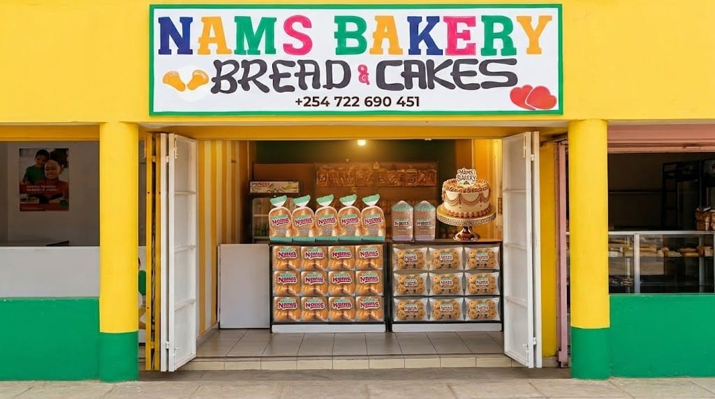Nams Bakery storefront in Eldoret with fresh bread, buns and celebration cakes on display.