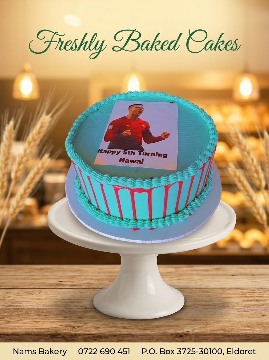 Nams Bakery turquoise edible photo birthday cake with drip accents.