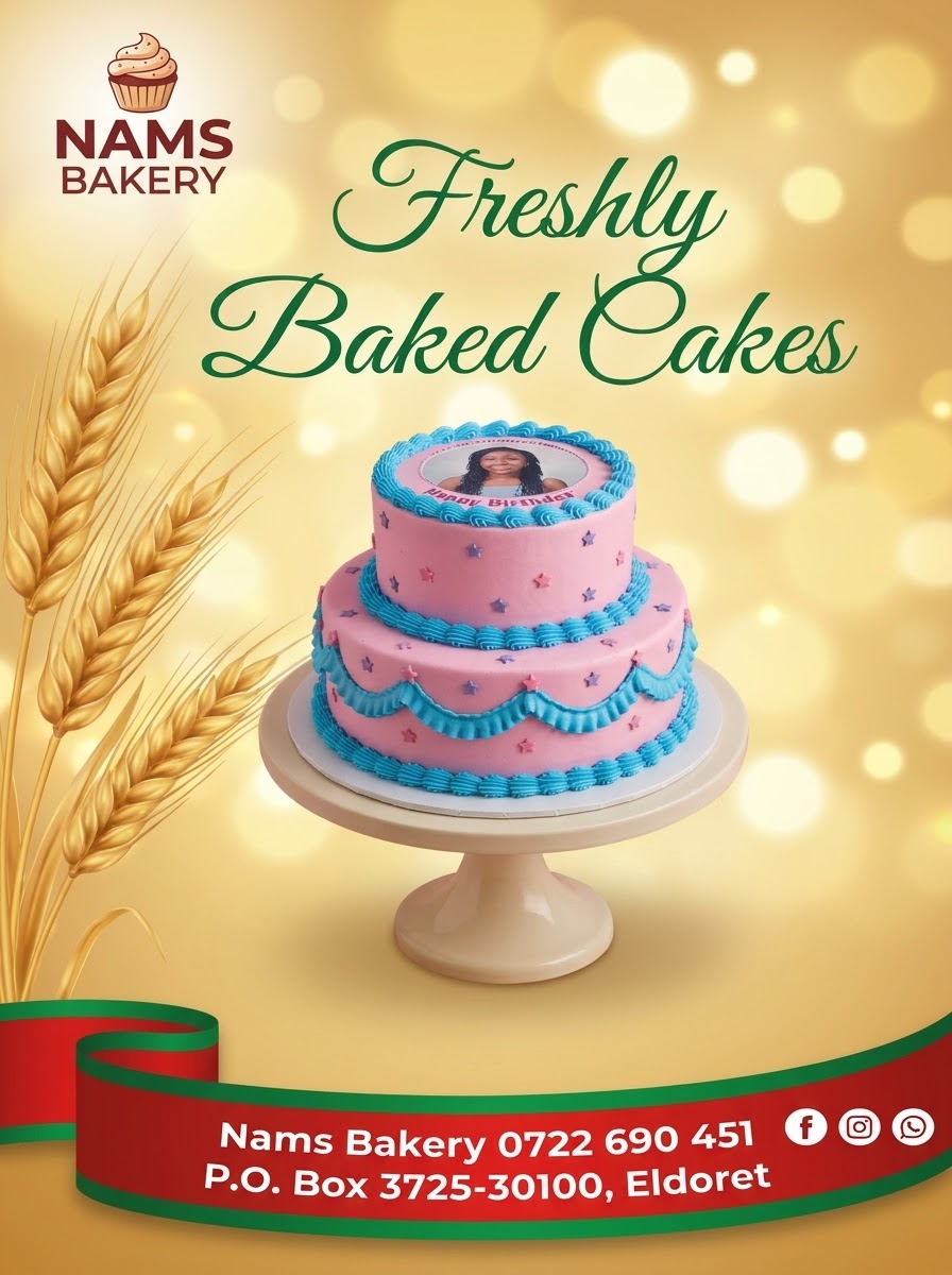 Nams Bakery two-tier pink and turquoise photo celebration cake.