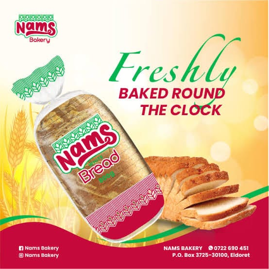 Nams Bakery freshly baked white bread loaf, sliced with branded packaging.