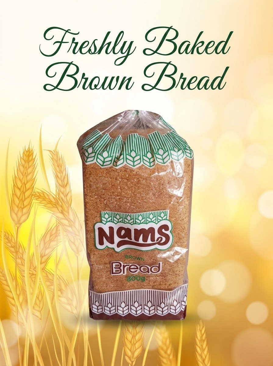 Nams Bakery freshly baked 800g brown bread loaf in branded packaging.