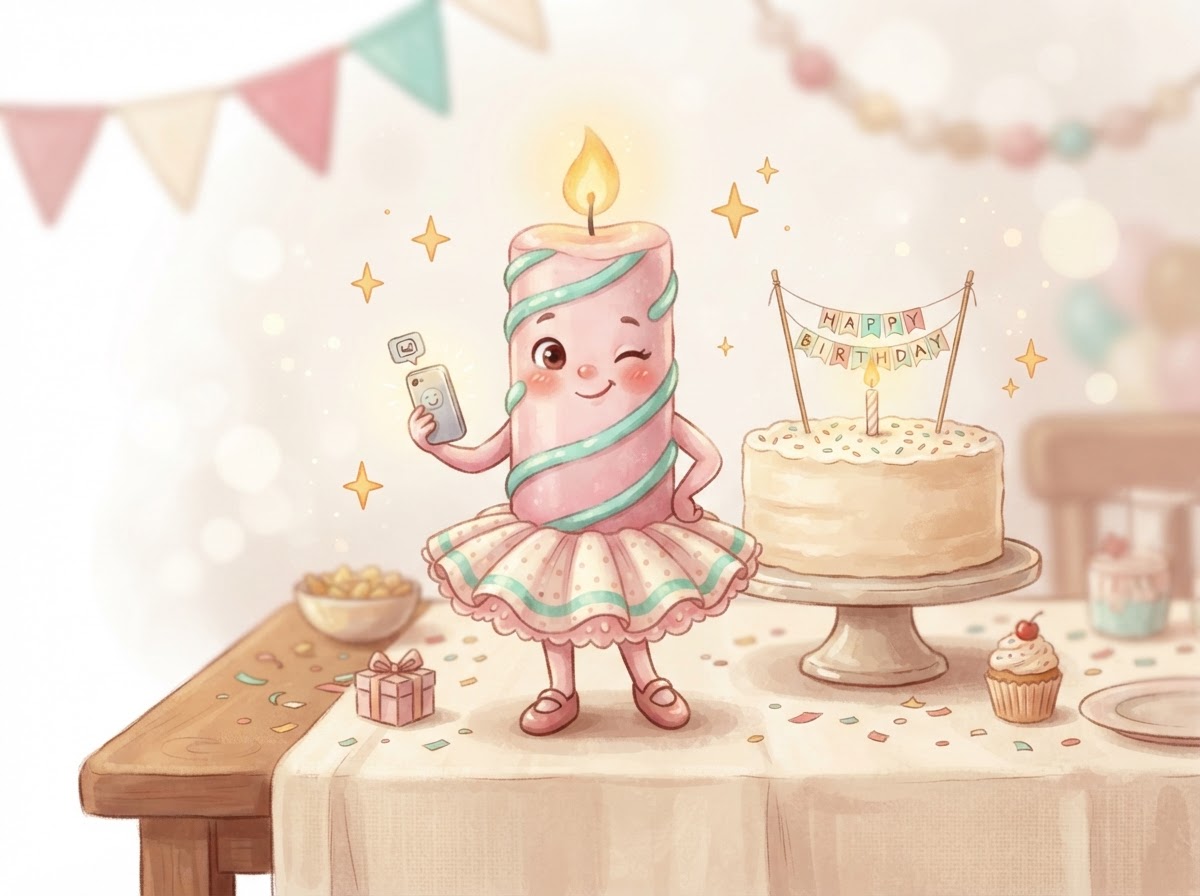 Candelina, la segretaria virtuale, su un tavolo da festa con torta e decorazioni
