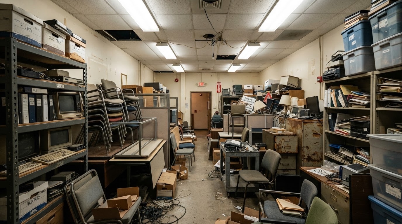 Office storage space filled with unwanted desks and commercial furniture before a removal