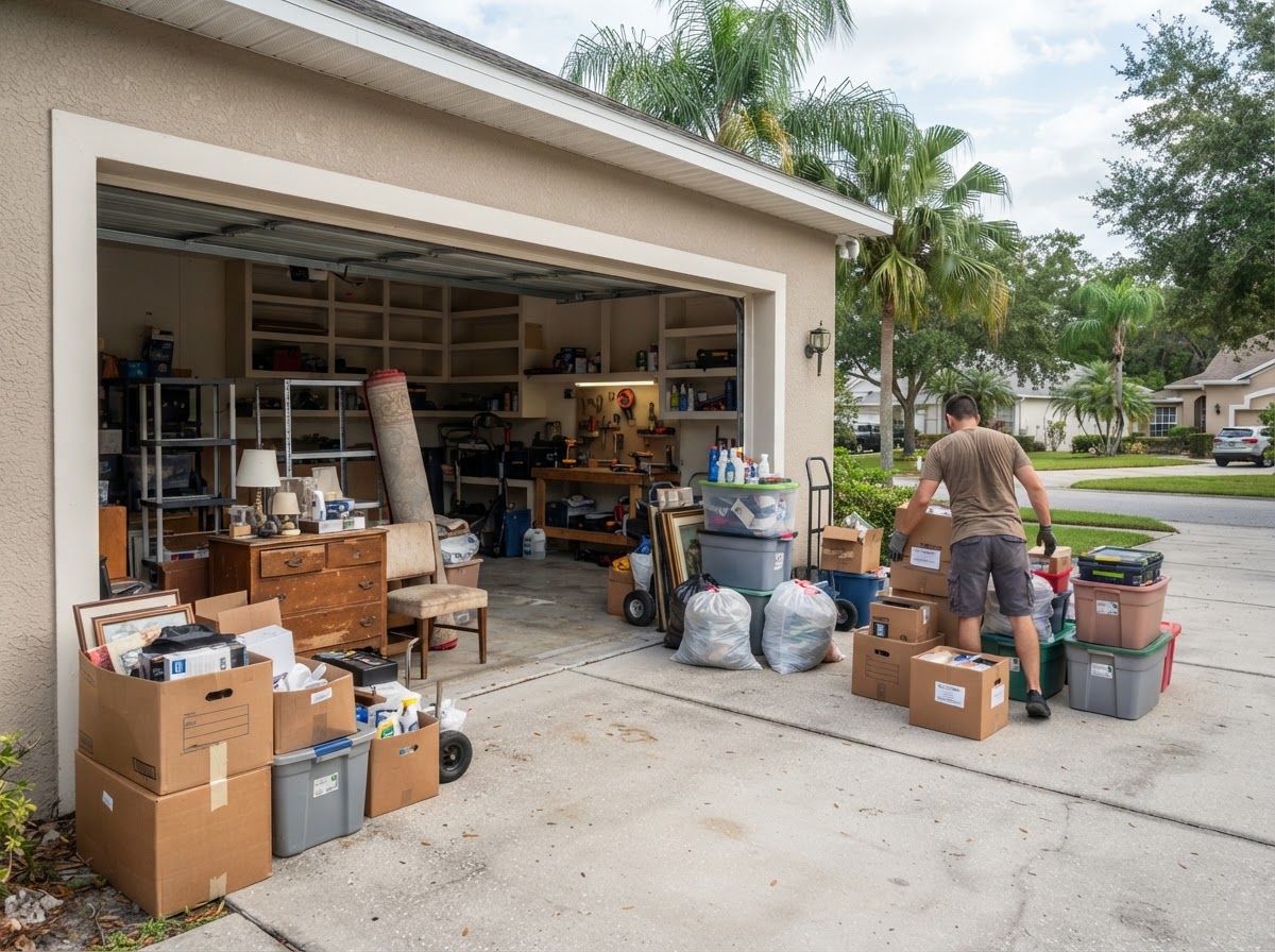 Residential garage cleanout with unwanted stored household items