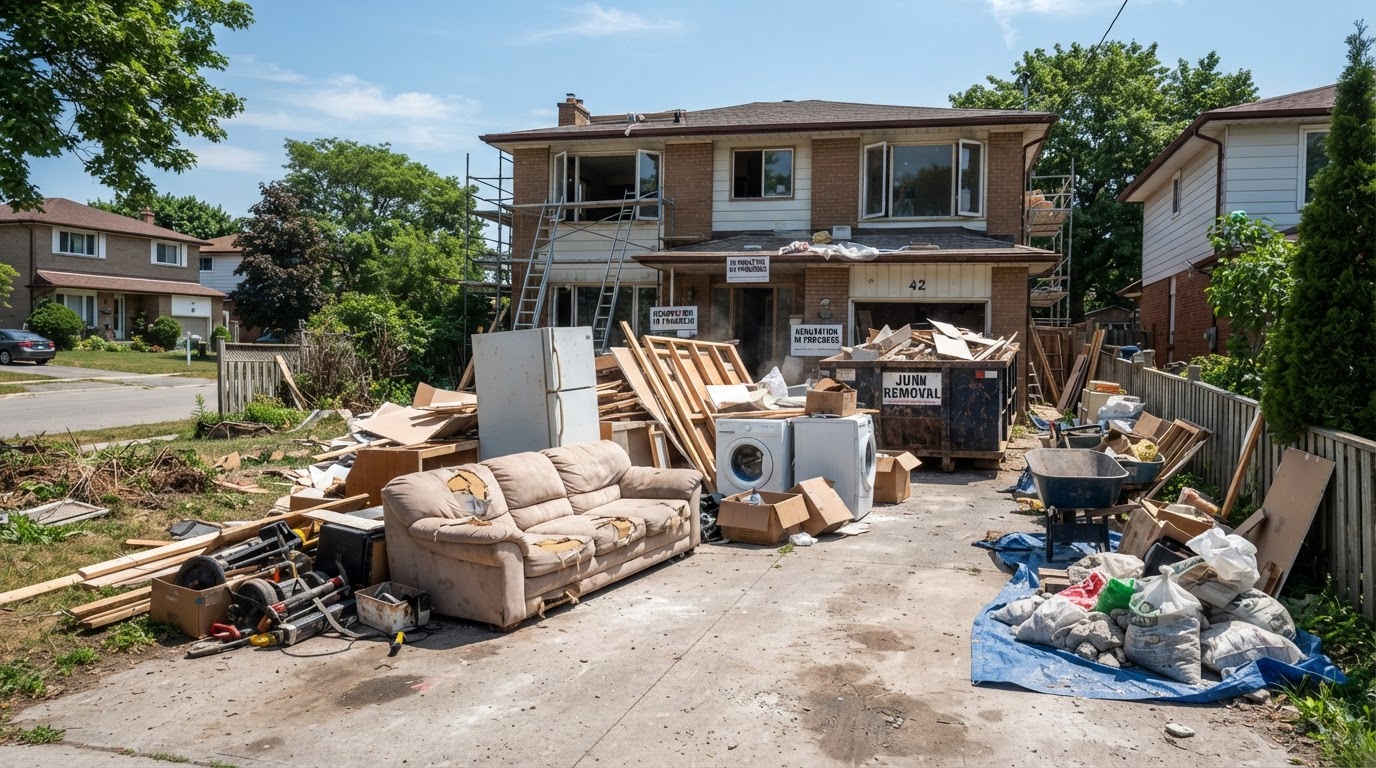 Residential property with bulky items and loose debris before a combined junk and dumpster service