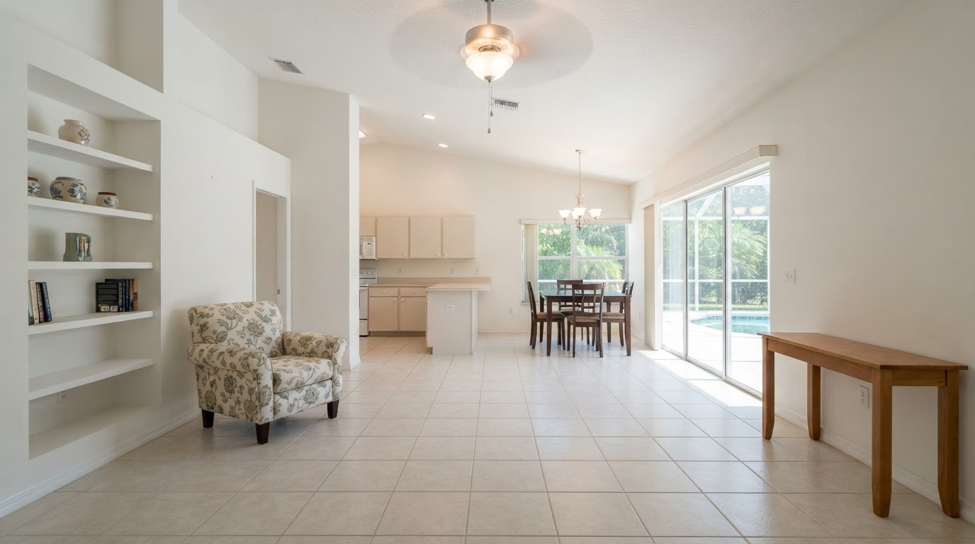 Same seasonal residence after a cleanout with unwanted items cleared and retained furnishings preserved