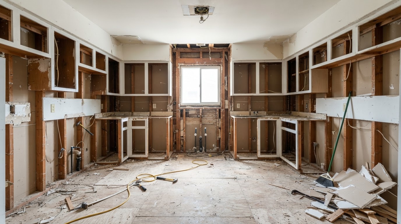 Same kitchen after tear-out with cabinets and fixtures removed and the underlying construction exposed