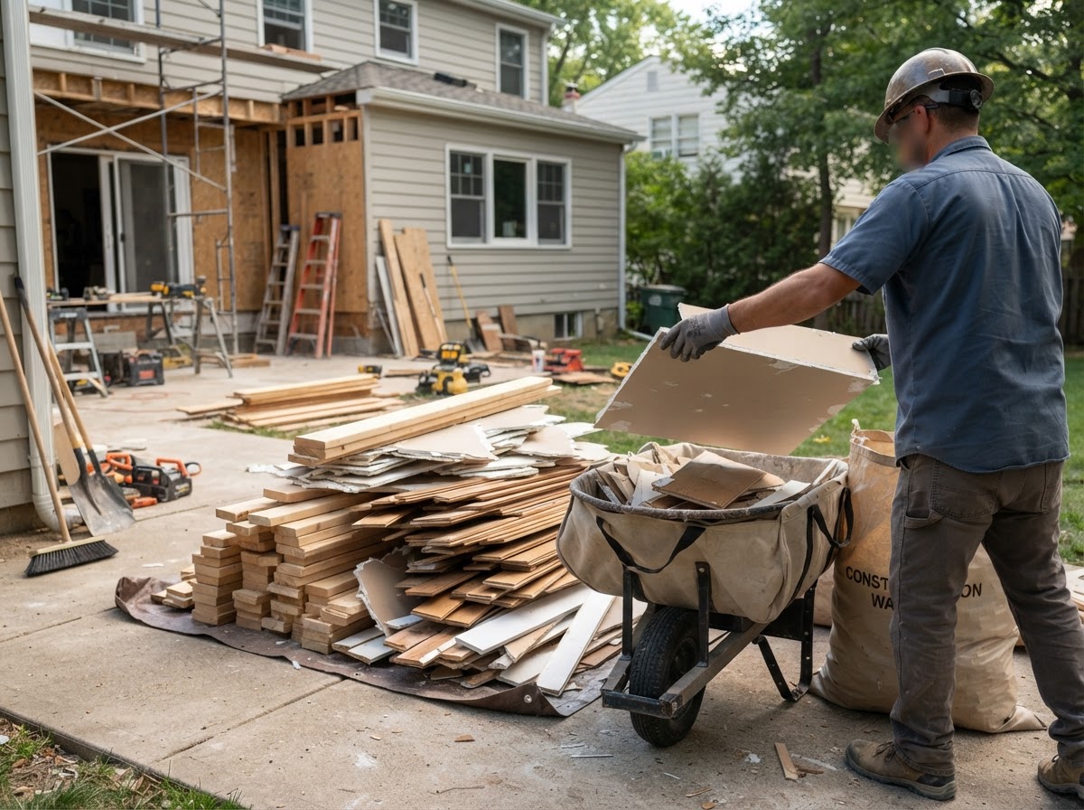 Construction renovation debris and lumber staged for professional hauling