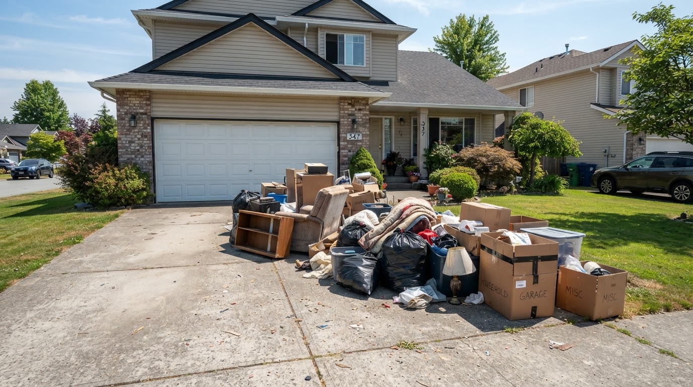 Residential driveway with accepted debris staged before a roll-off dumpster delivery