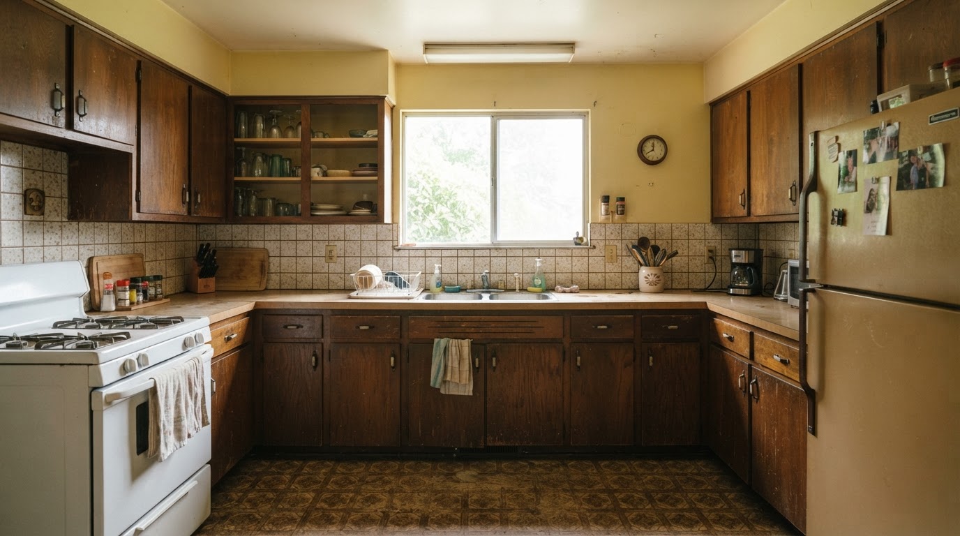 Outdated kitchen with cabinets, countertops and tile still installed before a tear-out