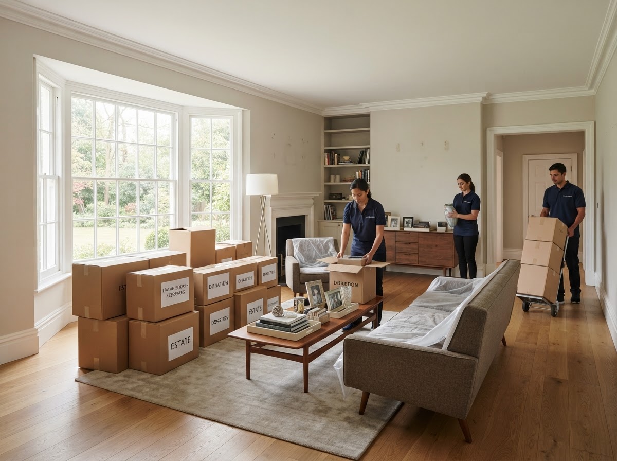 Estate home interior with furniture and boxed belongings prepared for cleanout