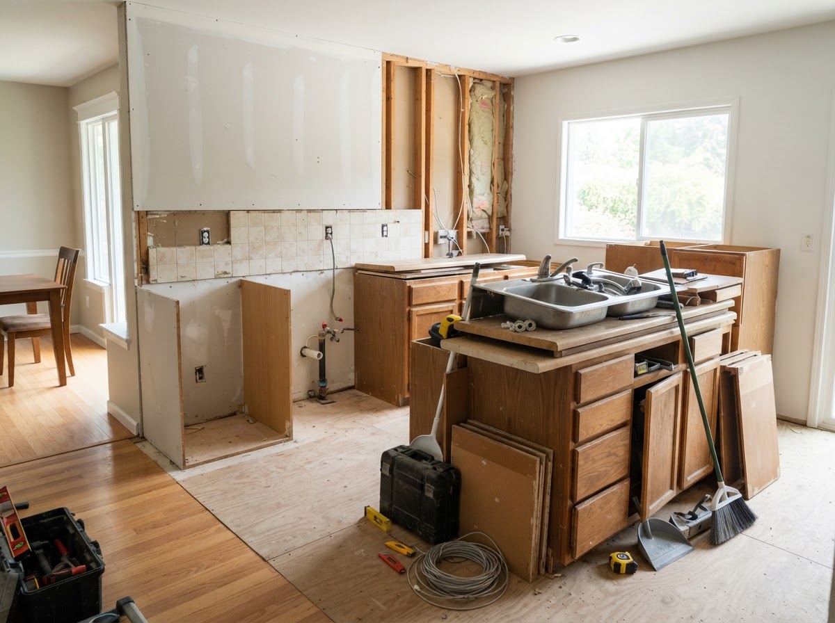 Kitchen tear-out with removed cabinets and countertops staged for hauling at a Spring Hill Florida remodeling project