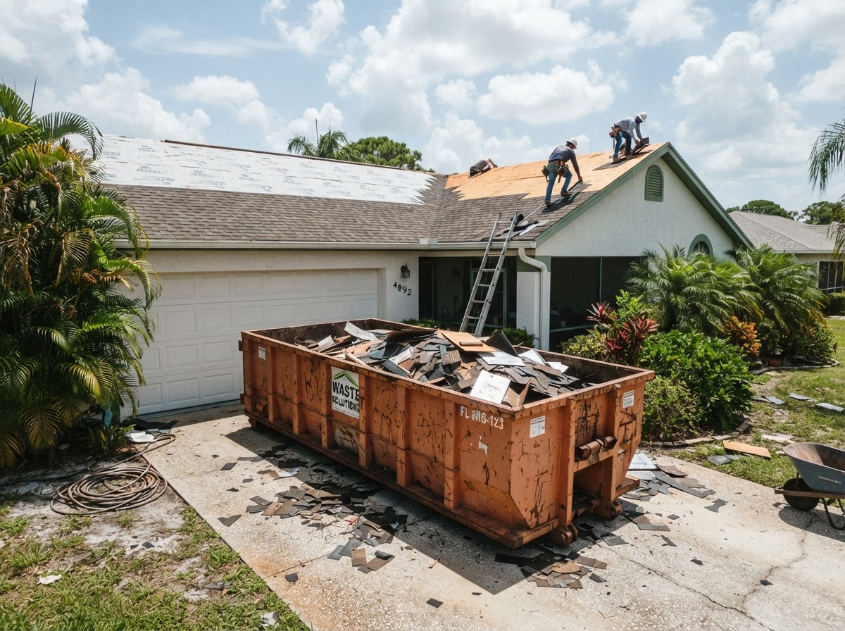 Roofing dumpster container near a residential roof replacement project in Spring Hill Florida