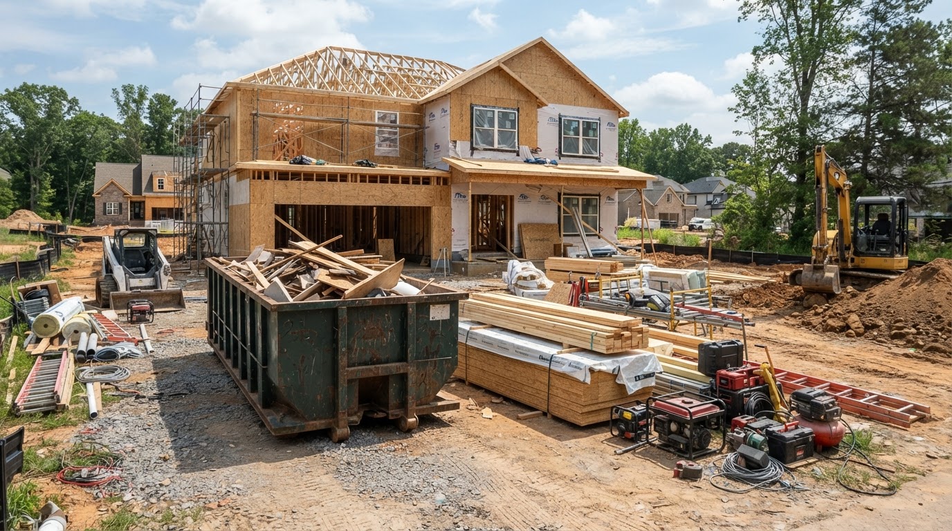 Active construction site with a roll-off dumpster container and contractor building materials in Spring Hill, Florida