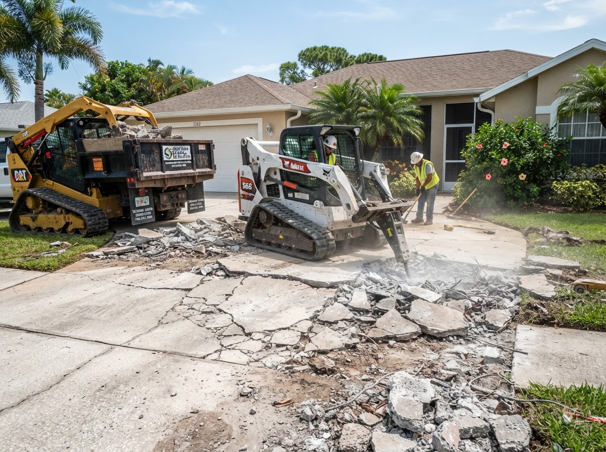 Cracked concrete driveway surface broken into sections for demolition and removal at a Spring Hill Florida property