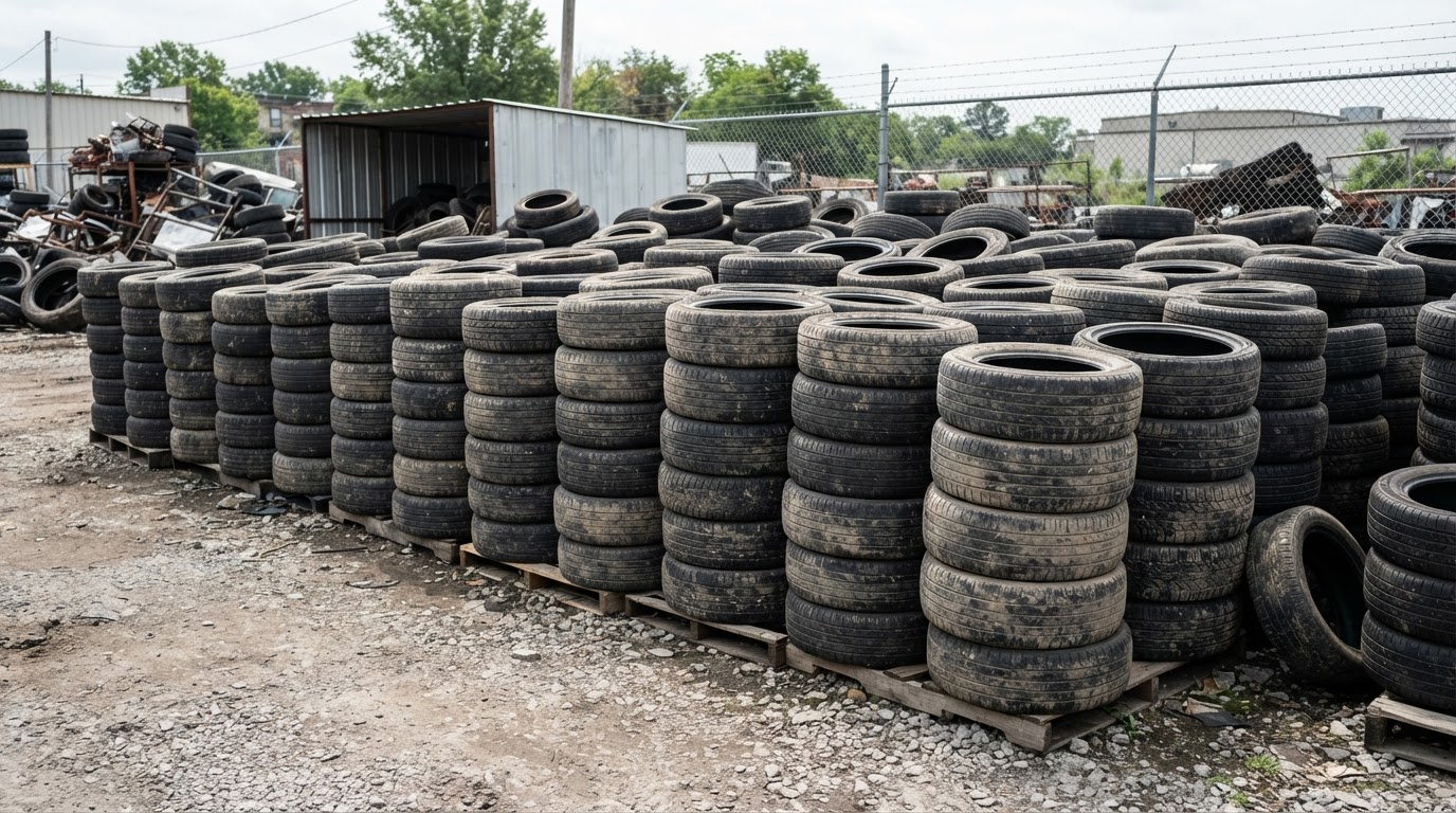 Stacks of discarded passenger vehicle tires staged in an accessible outdoor area for tire removal and disposal in Spring Hill
