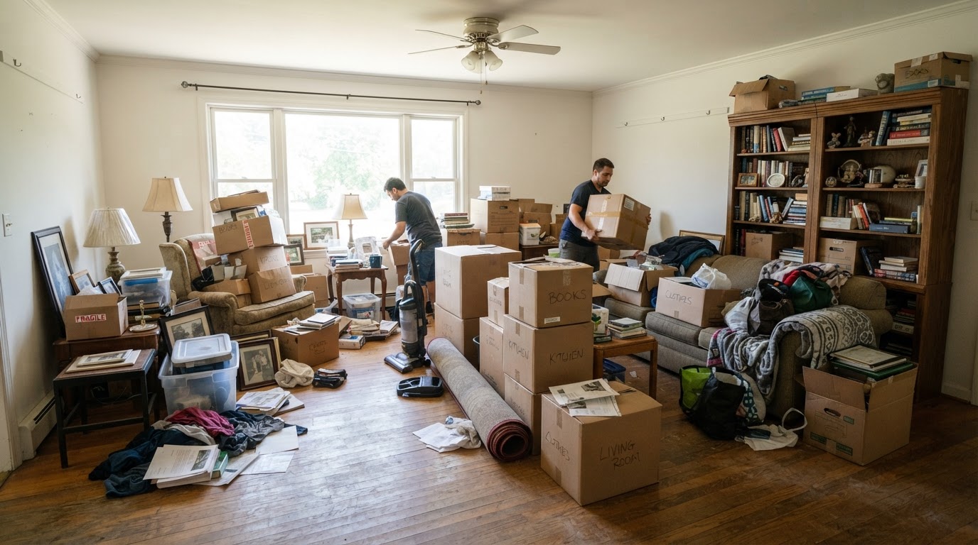 Residential interior with furniture, boxes and belongings identified for an authorized estate removal