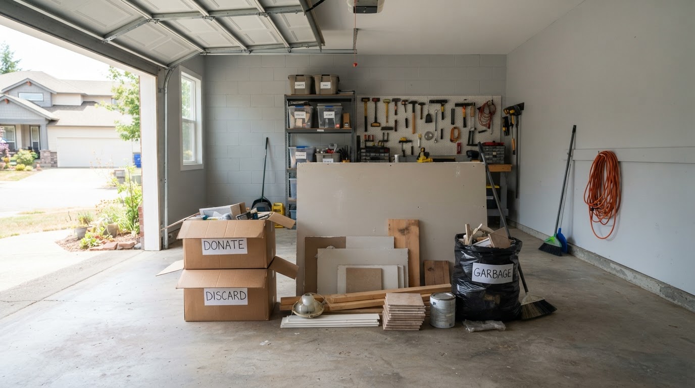 Small garage cleanup with a limited amount of debris staged before a 10-yard container delivery