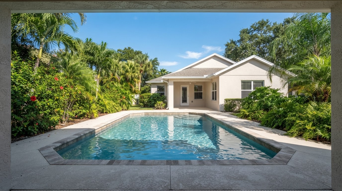 Same residential pool with the screen enclosure removed, leaving the pool and deck open