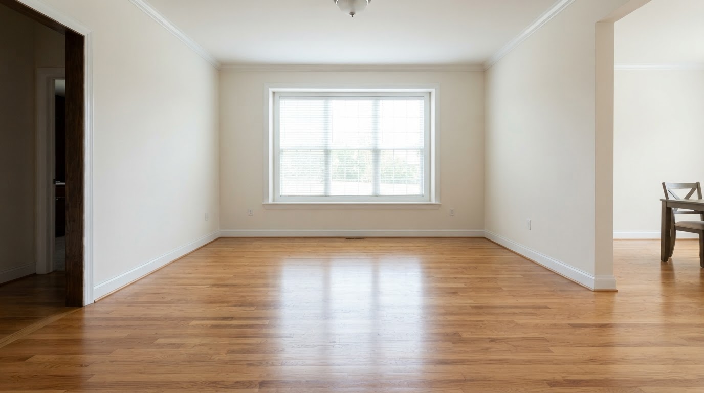 Same living room with the unwanted furniture removed while the flooring and windows remain unchanged