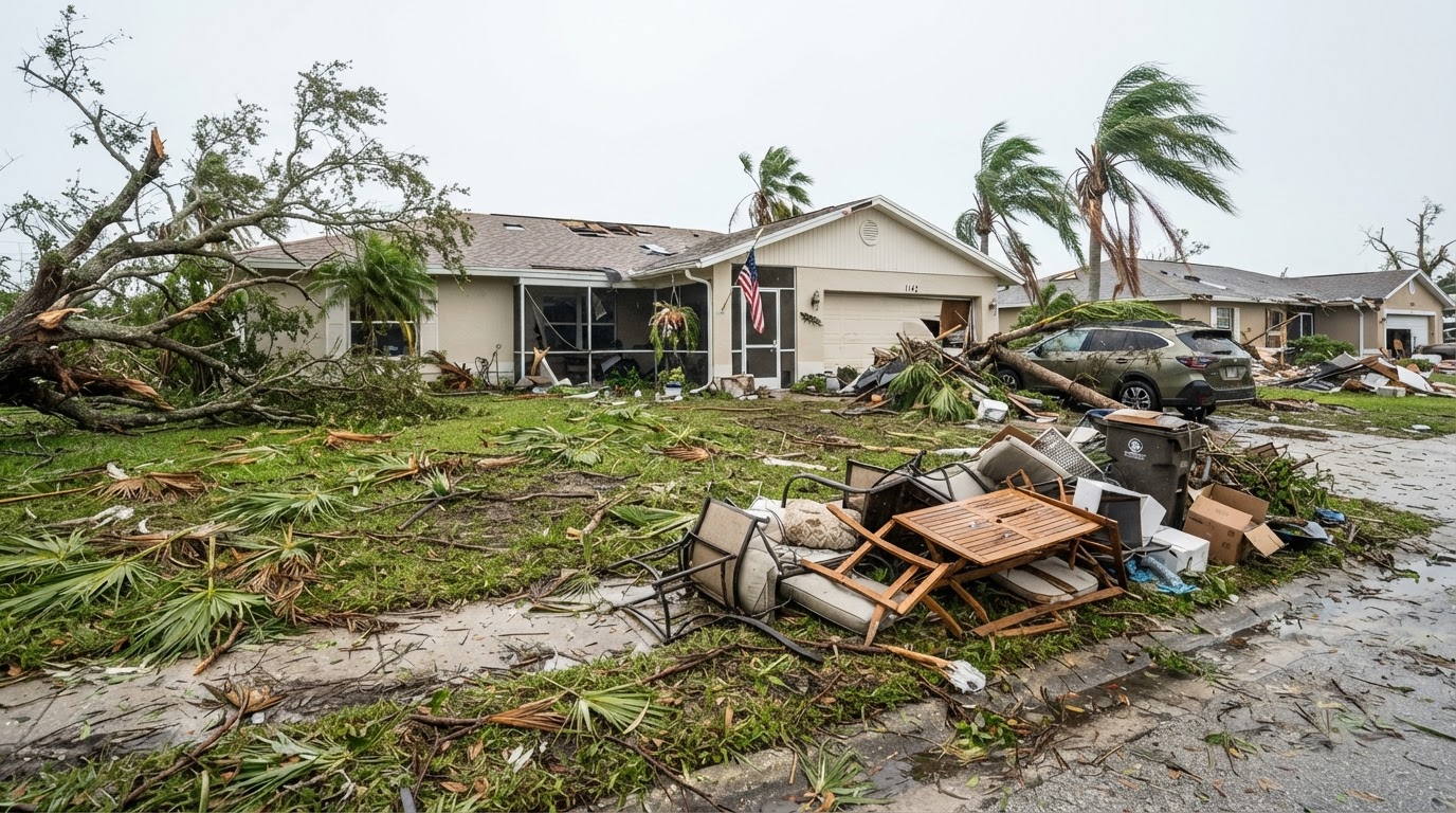 Florida residential yard with fallen branches and storm-damaged debris before a cleanup