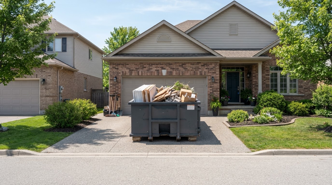 Same property with approved household materials loaded inside a properly positioned roll-off dumpster