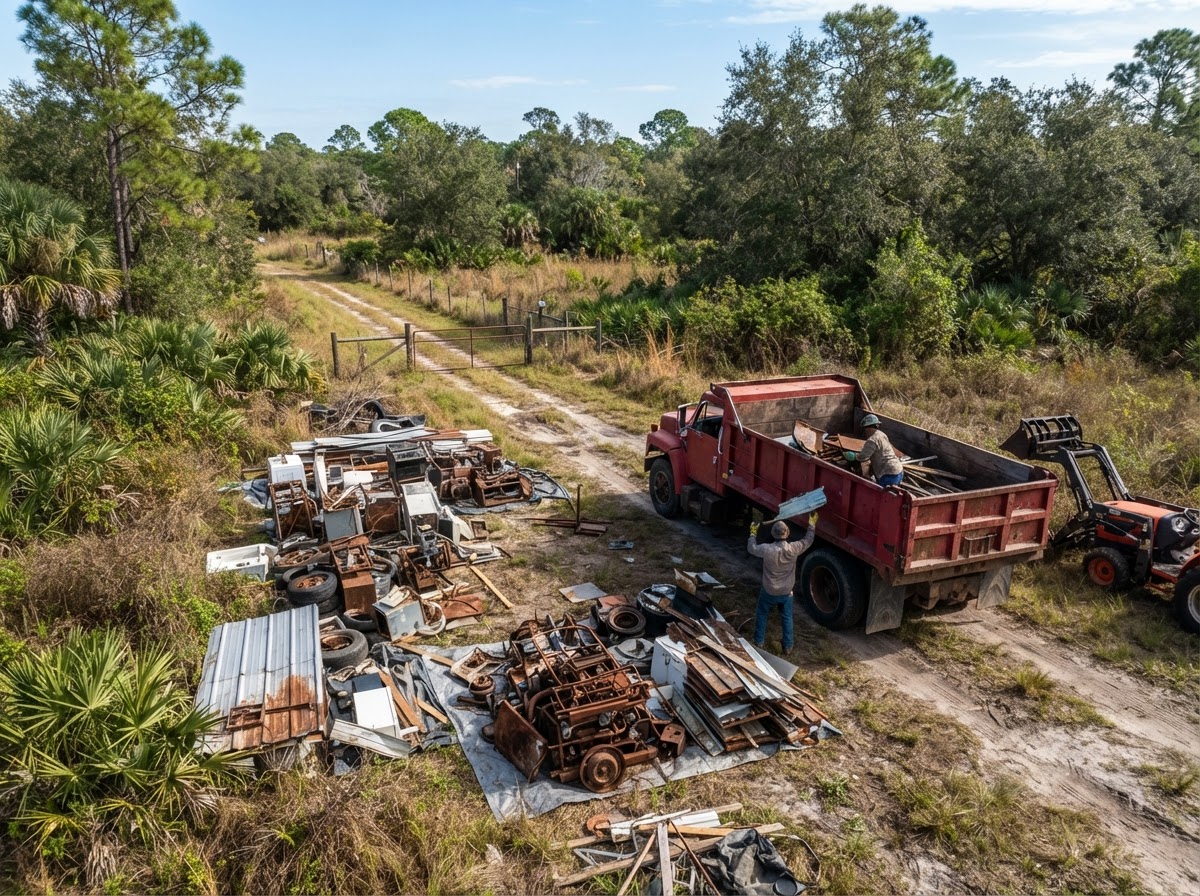 Rural Florida acreage with outdoor junk and bulky debris staged for removal