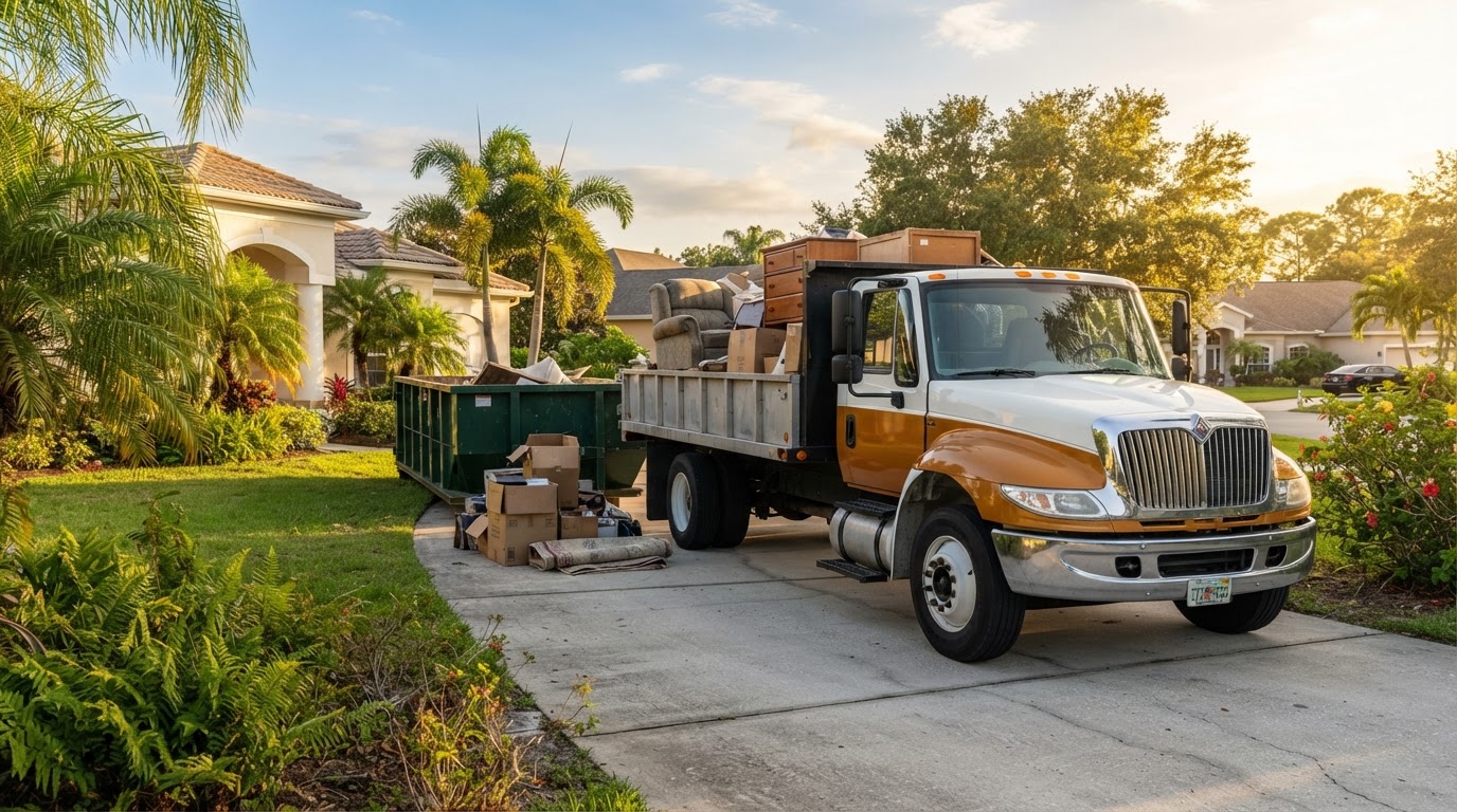 Roll-off dumpster in a residential driveway with moving boxes and unwanted household materials during a downsizing move in Spring Hill, Florida