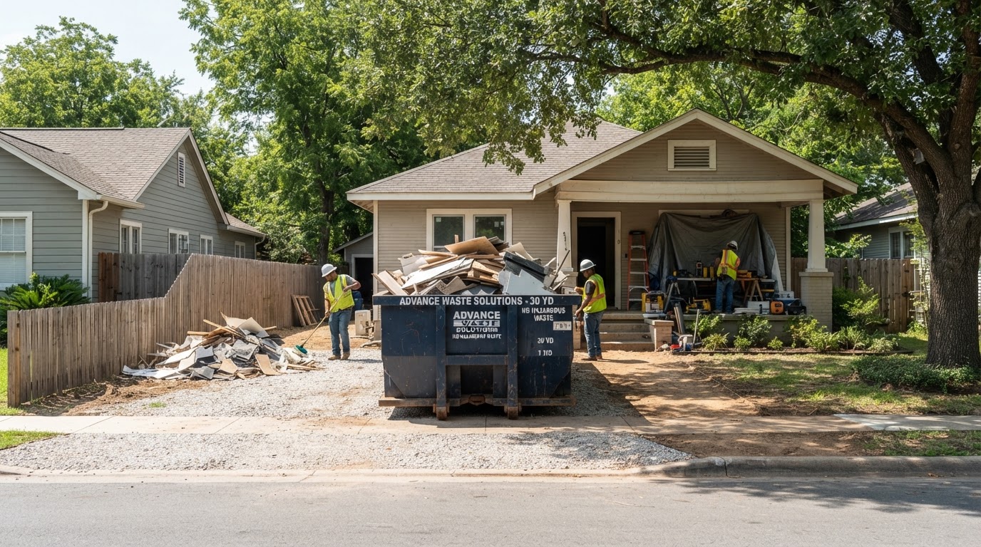 Same site with a properly represented 30-yard roll-off dumpster containing the debris