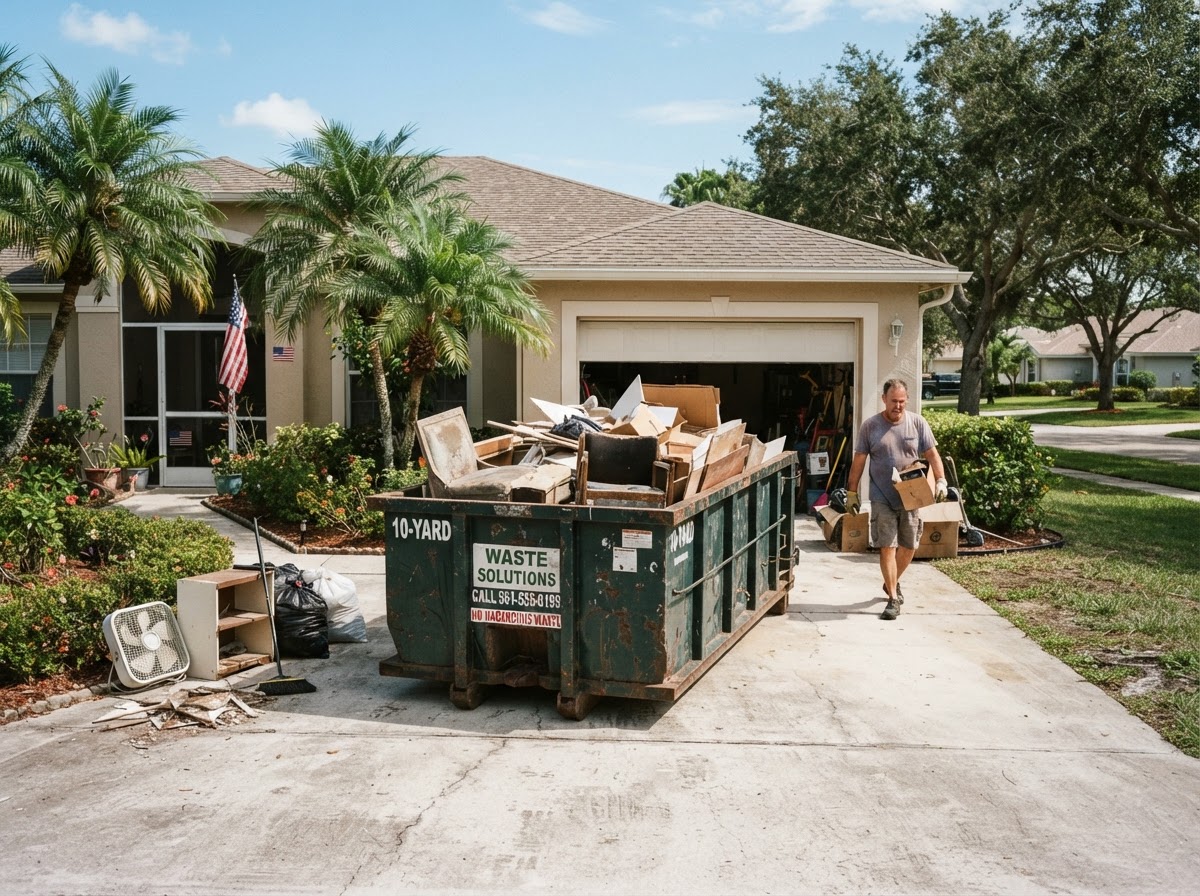 Small 10-yard roll-off dumpster container on a residential driveway in Spring Hill Florida