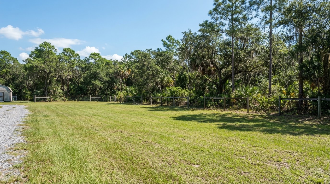 Same rural lot after a cleanup with scrap and debris removed and the natural area cleared