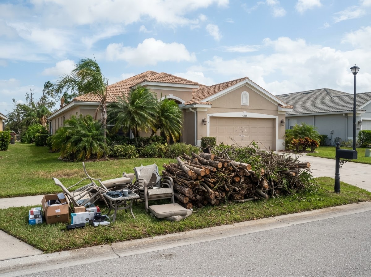 Fallen branches and outdoor storm debris prepared for hauling