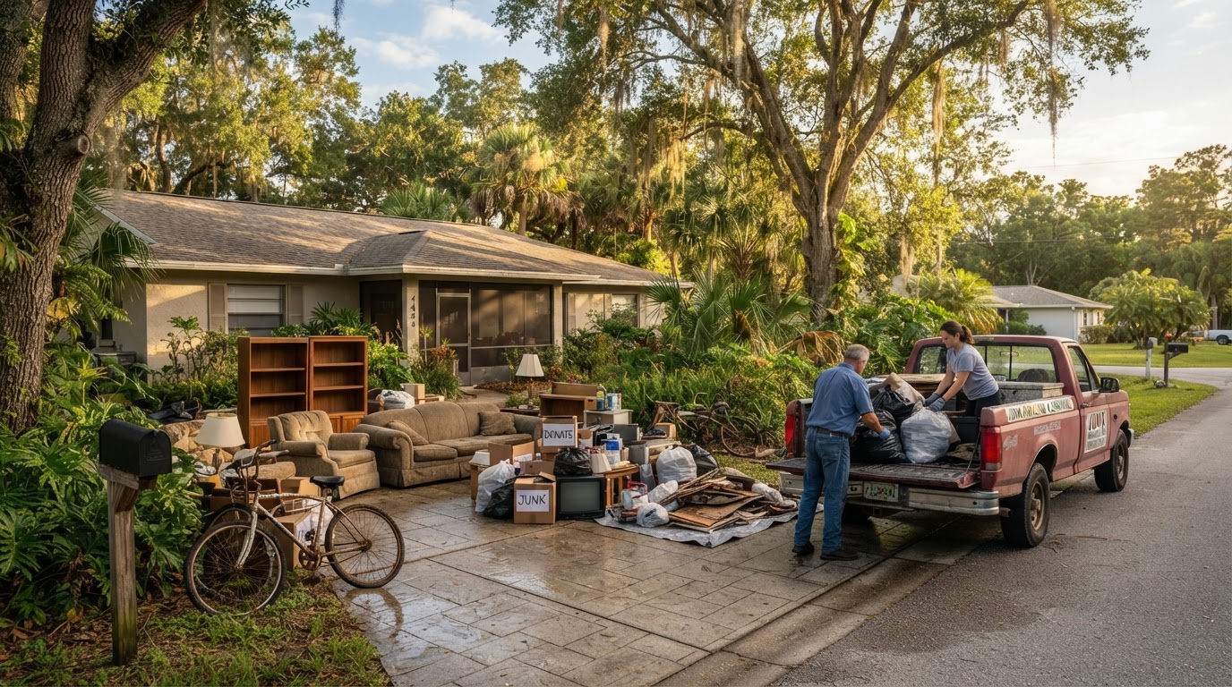 Quiet Florida residential property cleanup with old furniture and household junk staged in a driveway for hauling in San Antonio