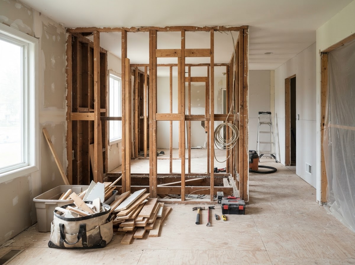 Interior selective demolition with exposed framing and removed finishes