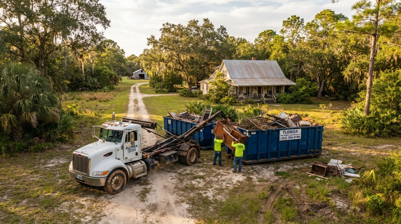 Larger Florida acreage property with roll-off dumpster and hauling truck during a rural residential cleanup in Odessa