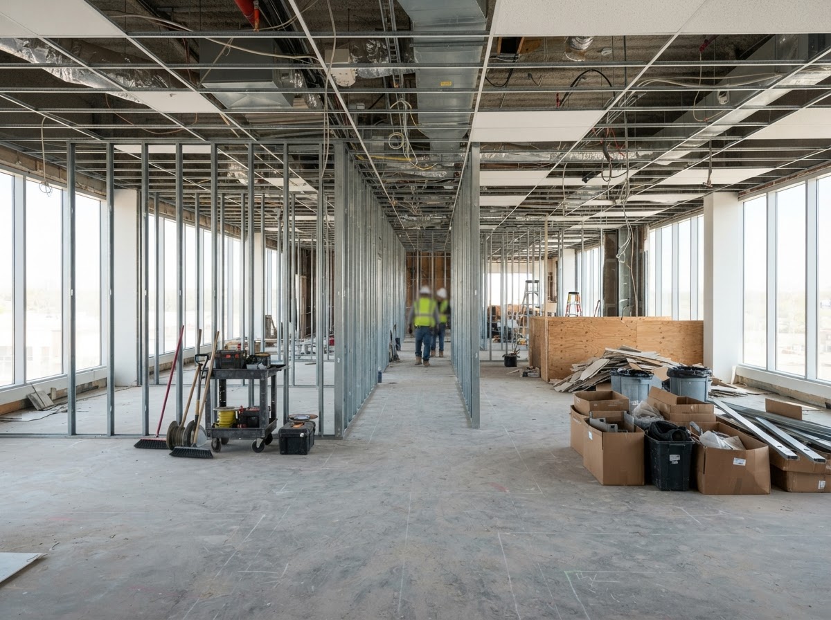 Commercial office interior demolition with partitions and finishes removed