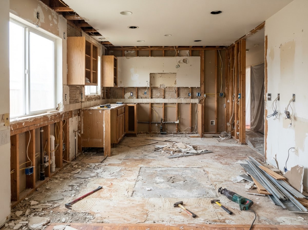 Residential kitchen tear-out with cabinets and flooring removed