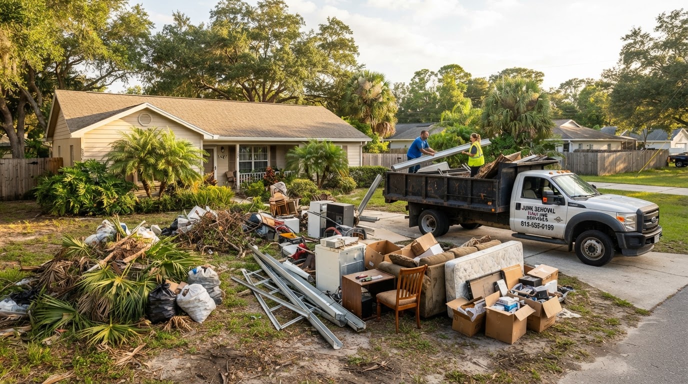 Florida residential outdoor cleanup with yard debris, scrap metal, and old furniture staged on a property for hauling in Moon Lake