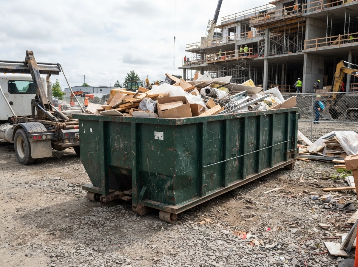 Representative 40-yard commercial roll-off dumpster at a construction property