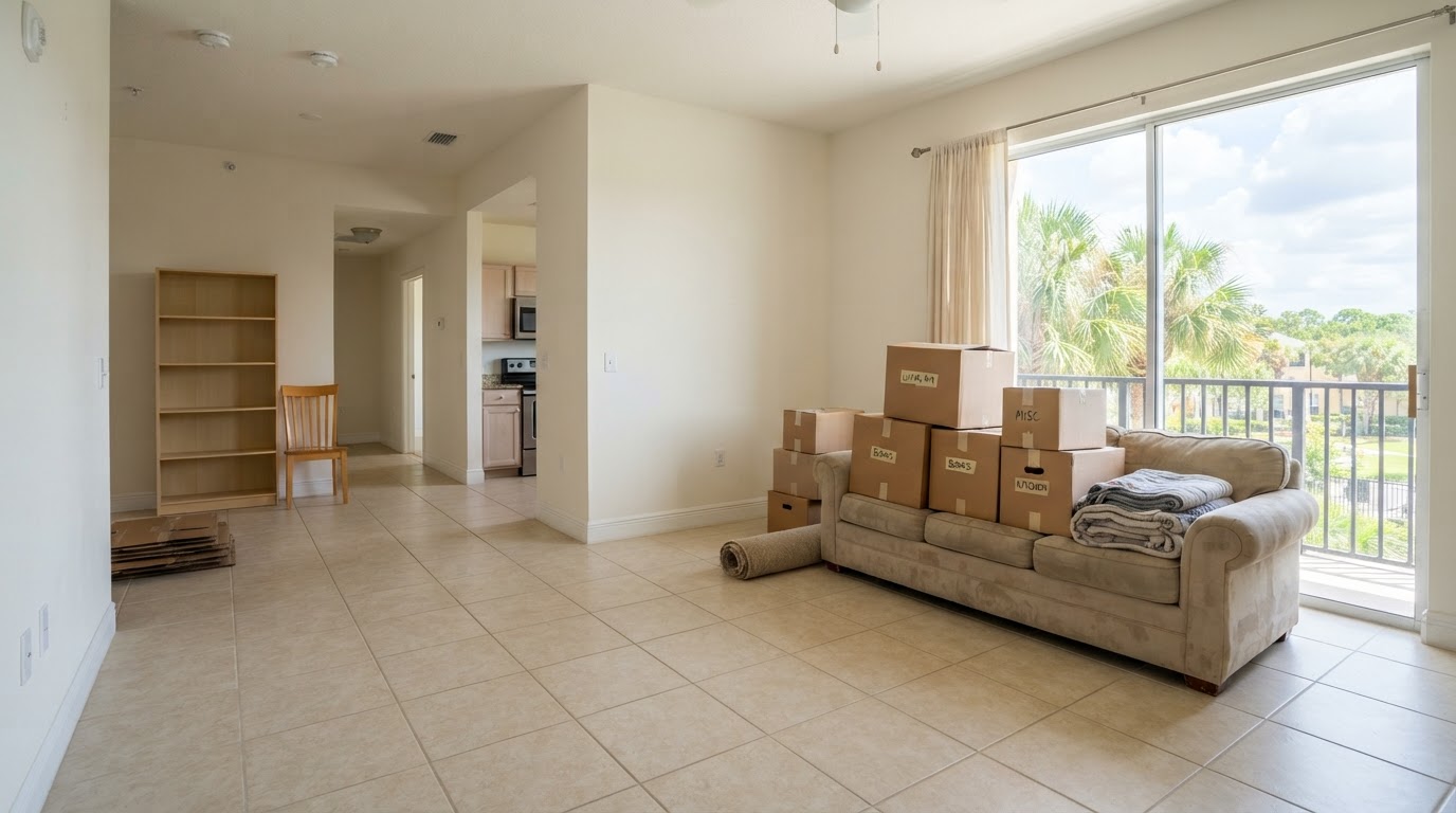 Vacant rental property interior with furniture and boxed household items prepared for an authorized cleanout in Spring Hill, Florida